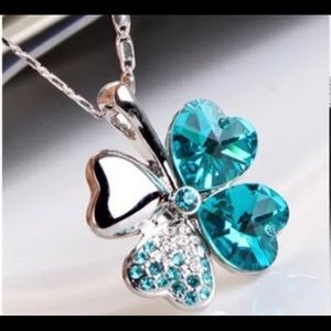 New White Gold Plated Charming Light Blue four Leaf Clover Pendant Necklace